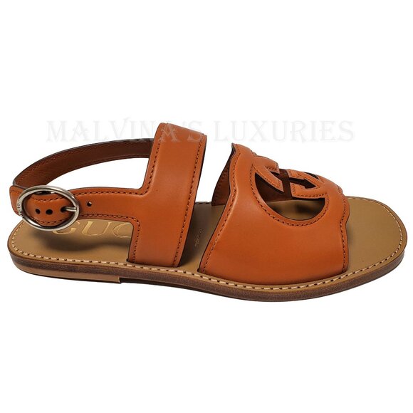 GUCCI SHOES MENS BROWN LEATHER CUTOUT INTERLOCKING G LOGO SANDALS sz 8 / 8.5 - Picture 7 of 16
